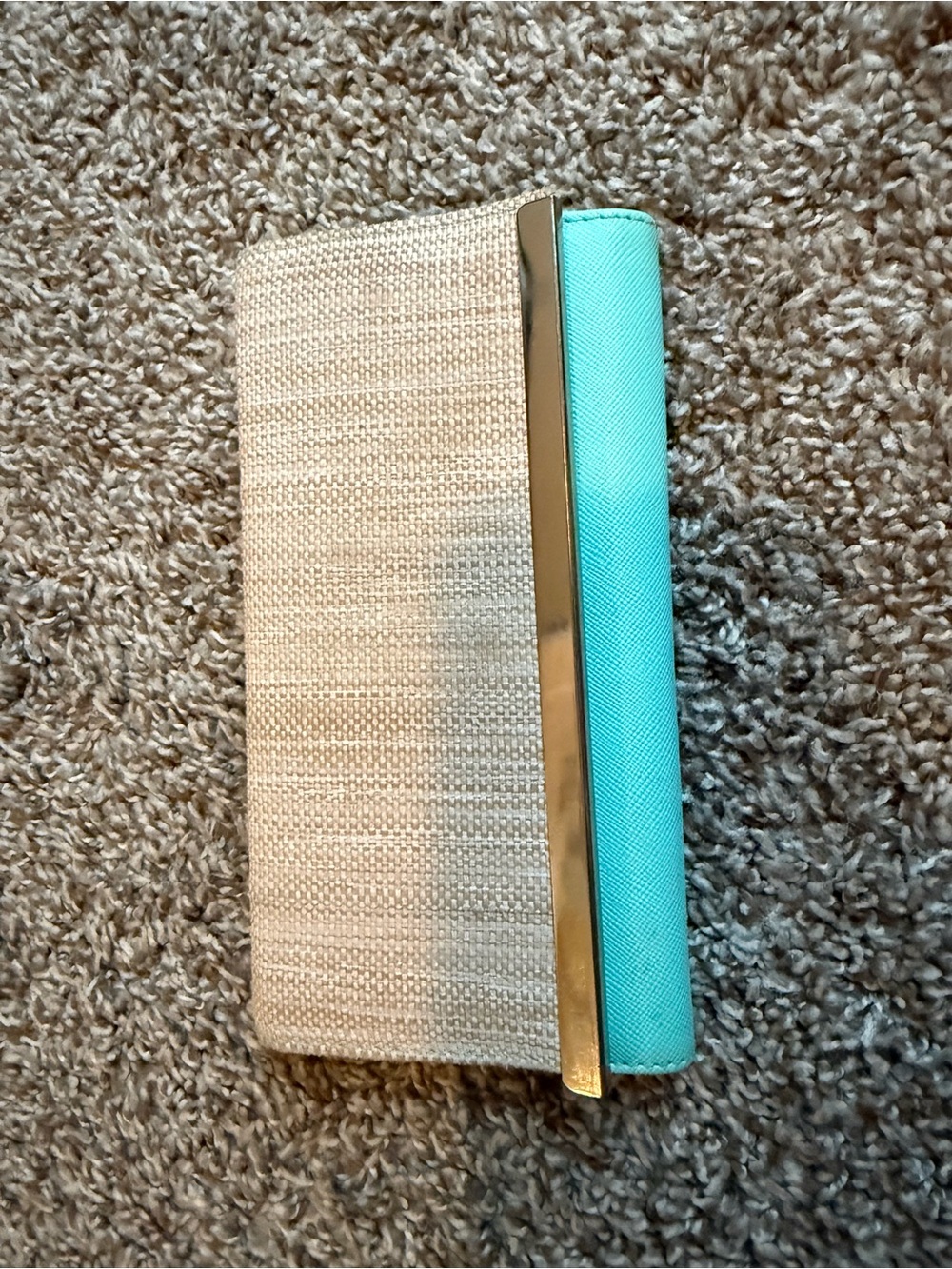 Neutral Woven and Turquoise Accent Clutch